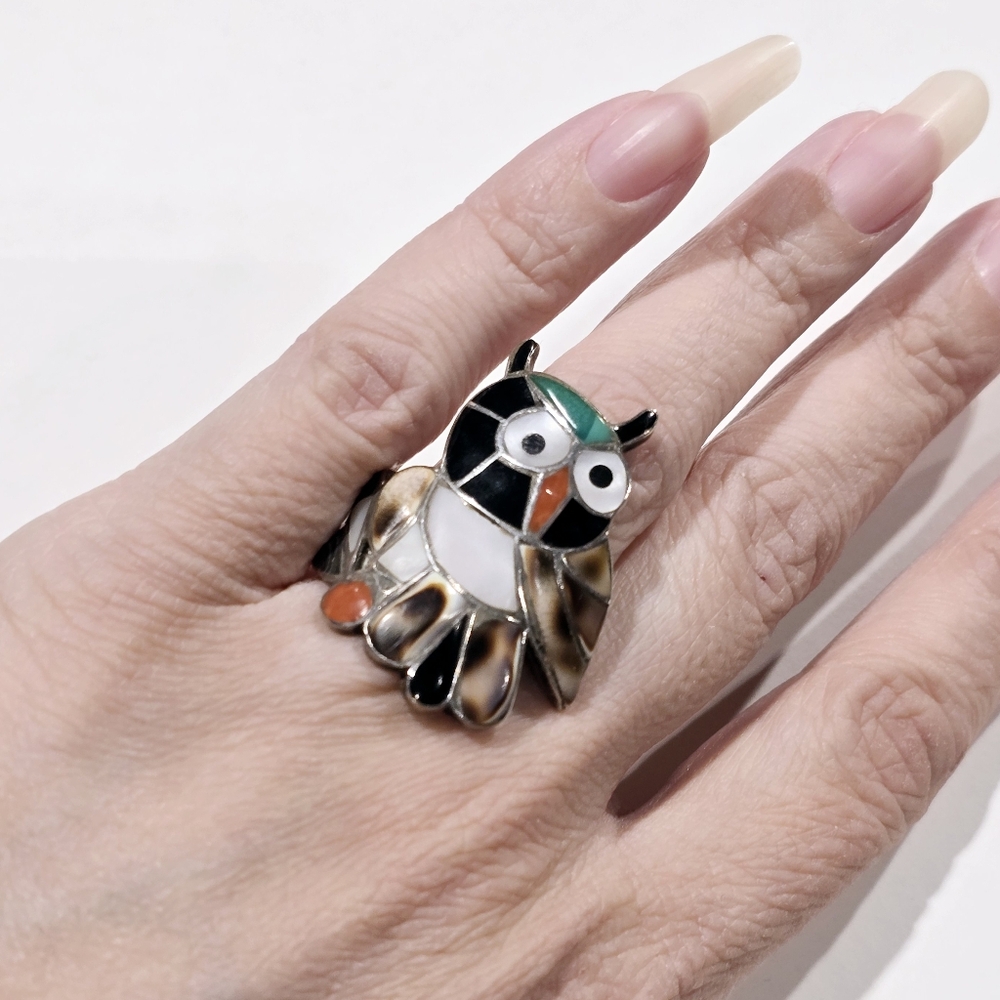 Vintage Zuni Sterling Silver Owl Ring Turquise Coral Abalone Inlay Size 6 To 7